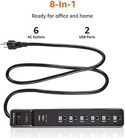 Основи на Амазон Основи 6 -излез за електрична енергија за напојување со 2 USB порти - 1000 ouул, црна и 10 -метарска продолжена кабел - 13 засилувачи,