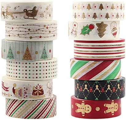 SOPCONE 12 ROLLS Christmas Washi Tape Set, ширина од 15 мм лента за маскирање декоративна фолија за празничка лента за XMAS Wall Tree DIY,