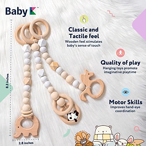 ГИДИНА КАНДА БЕЗБЕДНО БЕЗБЕДНО БЕБИ - Дрвена салата за бебиња за бебиња со дрвени и монохроматски висечки играчки - природна дрвена површина -