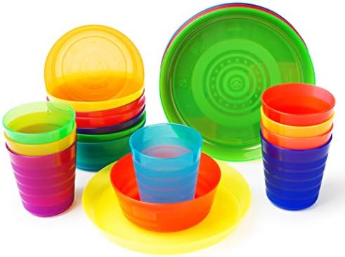 Пластичен сад за вечера за 8 | Детските јадења сет вклучуваат чаши за деца, детски чинии, детски чинии | Бои на виножито за деца за забава во затворен простор и кампув?