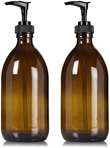 Artanis Home Reflablable Amber Glass Dish Rand Soap Losion Dispenser 16 Oz, 2-Pack-Апотекарско шише со црна сатенска пумпа