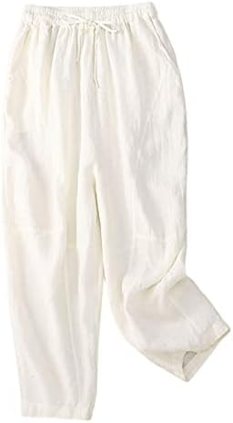 Lcepcy 2023 женски цврсти еластични памучни постелнина панталони трендовски обични лабави еластични каприци со џебови со џебови
