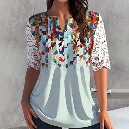 Маици со маици на вратот, чипка половина ракав основни маички каузални летни врвови на врвови, облечена туника, врвна симпатична цветна печатена блуза 2023 година