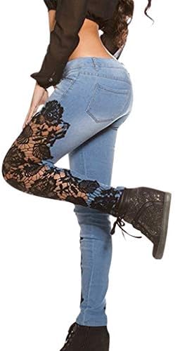 Панталони од чипка шупливи плус големина на тексас фармерки трендовски апликации модни фармерки слаби цветни жени моливчиња тексас
