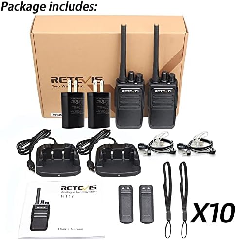 Retevis RT17 Walkie Talkies со слушалки и микрофон, рачен 2 пат радио полнење, преносен двонасочен радија долг дострел, Vox Handsfree за возрасни училишен бизнис градежен магацин