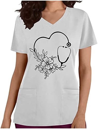 Женски случајни чистачи_ блузи симпатична графичка печатена маица V врат Краток ракав ТЕЕ врвови 2023 летна работна облека