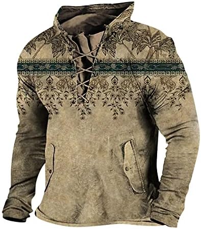 Машки западни Ацтеки џемпери Ретро тактички врвови со долги ракави чипка на пулвер лабава етнички графички кошули за печатење