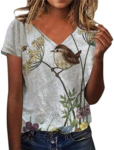 Симпатични кошули за жени летни жени Кратки ракави против вратот Цветни печатени врвни маици Обични кошули Tee Tunic