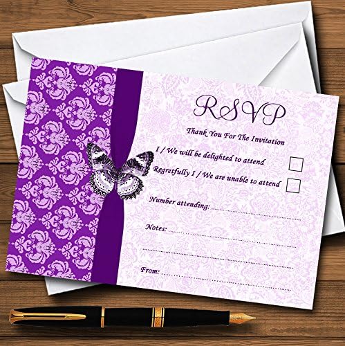 Виолетова Гроздобер Цветни Дамаск Пеперутка Персонализирани RSVP Картички