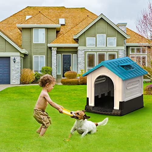RoomTec 33 инчи пластична куќа за кучиња отворено затворено, издржлива куќа за кучиња за средни кучиња, куќи за водоотпорни кучиња