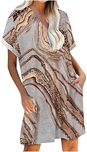 Летен фустан со V-врат за жени печатени кратки ракави за суспензии џебови фустан за пулвер