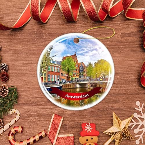 Амстердам дрво што виси Божиќен украс порцелан двострана керамички украс, 3 инчи