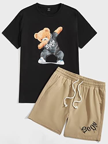 Fioxa Облека со две парчиња за мажи мажи со цртани мечки печати и букви графички влечни шорцеви за половината
