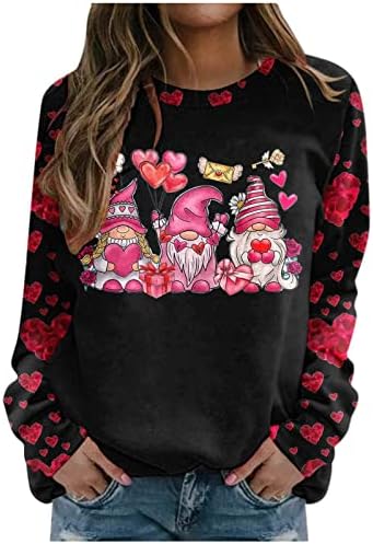 Среќни џемпери на Денот на вineубените, женски розови цветни графички пуловер врвови, обични фустани екипаж Туника кошула блузи