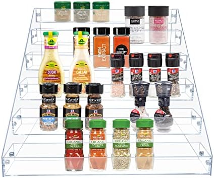 PMMasto Tiered Spice Rack, организатор за зачини, чисти акрилни вертикални полици кои можат да организираат за countertop, кабинет, оставата, чајната кујна, организација и складира?