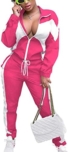 Thinенски женски блок во боја 2 парчиња ветровити облеки со долги ракави поштенски преден јакна Еластична панталона за половини за половини