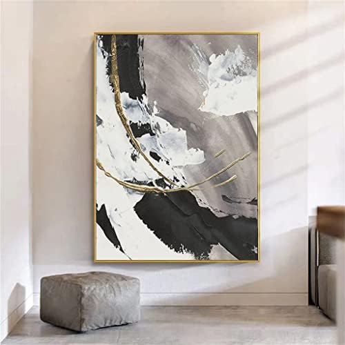 Дубао со голема големина црно -бело апстрактно масло сликарство на платно златен лист уметност, сиво сликарство дома декор