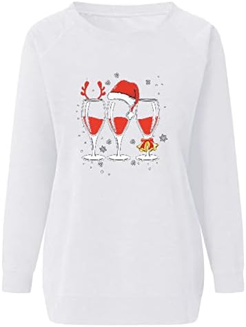 Narhbrg жени Божиќни врвови смешно вино за вино печатено маици со долги ракави пулвер обичен екипаж џемпер на удобно качулка врвот