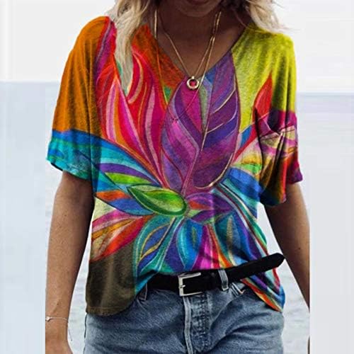 Плус големина мода за жени секси V вратот лабава маичка за печатење шифон маица краток ракав Боемска блуза