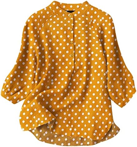 Женски летен блуза модна пол -точка на врвови со кратки ракави со тркалезен врат, лабаво копче надолу кошули дами плус врвови со големина