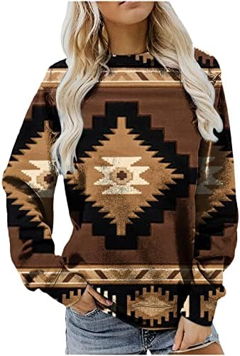 Mirtsенски маици ретро екипаж етнички геометриски печатење графички долги ракави западни џемпери на врвови на пулвер