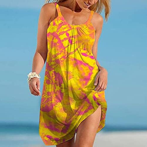 Цветен краток мини фустан за жени лето плажа фустан лажичка вратот од вратот секси маичка фустан лабава трендовски течен замав фустан