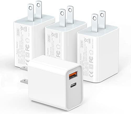 USB C wallиден полнач блок 20W, 4-Pack Dual Port PD PROWED ENAWER BRIGHT C ADAPTER BLOCK BLOCK ADAPTER за iPhone 13/12/11/Pro Max, XS/XR/X, iPad Pro, AirPods Pro, Samsung Galaxy и повеќе