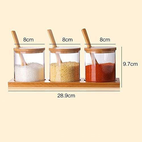 Uxzdx стаклена тегла за зачини за зачини 3 парчиња сет, кујна за сезонски кутии со лажица и послужавник за зачинување на бамбус