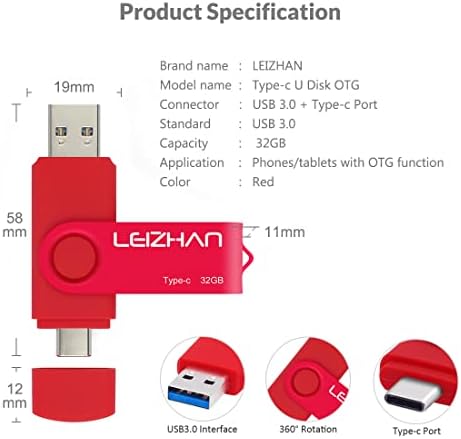 leizhan 32GB USB-C Флеш Диск, ТИП-C USB Диск 3.0 За Samsung Galaxy Note10, S10, Забелешка 9, S9, Забелешка 8, S8, Google Pixel, Црвено