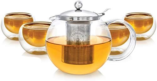 Teabloom STOVETOP Безбедно стакло чајник со отстранлив инфузер и четири чаши со стакло со двојни wallидови - сет за чај од класица