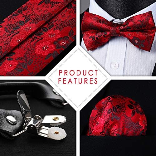 Hisdern Sustanders for Men Прилагодливи Paisley Floral Bowtie Suspender Pocket Square Setts Y форма 6 клипови за свадбени загради