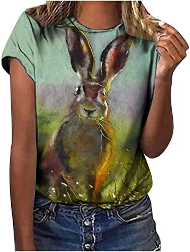Велигденска маица за жени Смешно цветно зајаче печатени кошули со блузи со кратки ракави на вратот 2023 летна облека