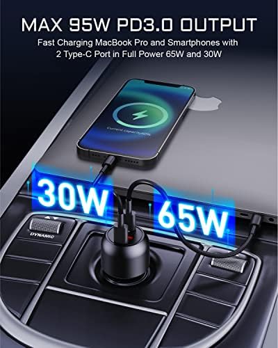 USB C Car Charger, Aergiatech 95W PD3.0 PPS Двојна тип Ц порта + 1 Брзо полнење 3,0 USB Адаптер за брзо полнење автомобили за iPhone, Galaxy