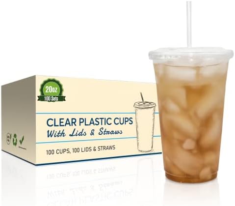 Безбеден Прибор За Еднократна Употреба Проѕирна Пластика за одење Чаши со Рамни Капаци И Сламки | Ледено Кафе | Чај Со Меурчиња | Смути