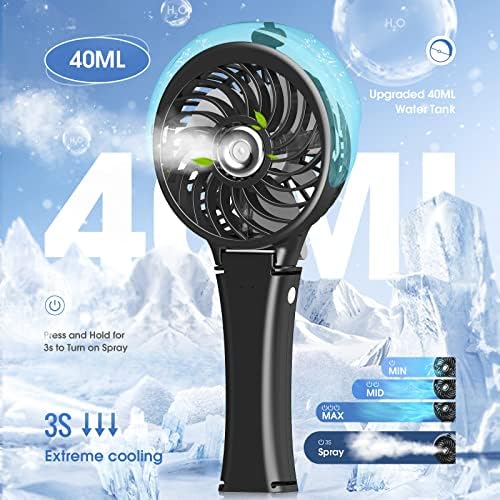 Вентилатор за ладење на вентилаторот Ausic Handheld, мал преносен вентилатор, 40ml Mister fan, преклопна рачна батерија со вентилатор