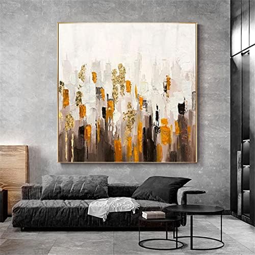 Јуаниран рачно насликан плоштад модерна сликарство на маслото - Апстрактно платно сликарство текстурирано портокалово жолто сиво бело злато фолија дневна соба вл