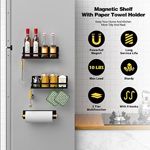 Силен магнетна голема полица за зачини за зачини магнетна хартиена хартија држач со куки за организатор на фрижидер за фрижидер за