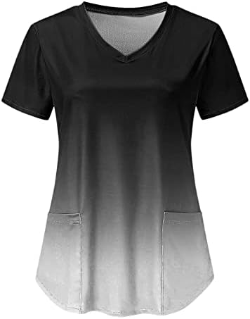 Зефотим симпатични врвови за жени 2023 Краток ракав против Градиент на вратот Мода маички со џебови со џебови