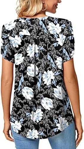 Womenените со краток ракав Топ 2023 година Внек Памук Флорал Графички салон лабава вклопена опуштена вклопена кошула за блуза