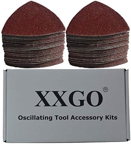 XXGO 100 парчиња 3-1/2 инчи 90мм Триаголен 60/80/100/120/240 Grits Hook & Loop Multitool Sandpaper за пескарење од дрво содржи