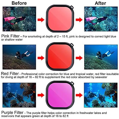Lupholue 3 во 1 нуркање со нуркање подводни црвени/розови/виолетови леќи филтри во морска вода и слатка вода компатибилни со водоотпорно официјално домување на GoPro Hero 10,