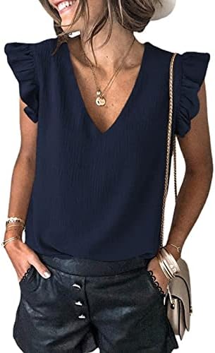 Женска блуза vneck spandex врвови за дами без ракави обични руфли обична летна есенска блуза 2023 облека A9 A9
