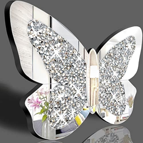 КСИХАКТИ Големо Огледало во Форма на Пеперутка За Домашен Декор, Кристално Мелено Дијамантско Сребрено Огледало,12,6 Украси За ПеперуткиХ20