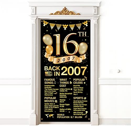 16 -ти роденденски врата на вратата на вратата, декорации за банер, црно злато среќно 16 -ти роденденска врата за забави за забави, големи