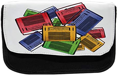 Необичен случај со моливи од 1960 -тите, шарена гроздобер радио диско, торба со молив со ткаенини со двоен патент, 8,5 x 5,5, разнобојно
