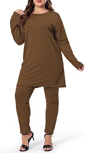 Плус големина на две парчиња облека за жени џогер поставува врвови со долги ракави, панталони со цврста боја, цврсти сетови за ладење во