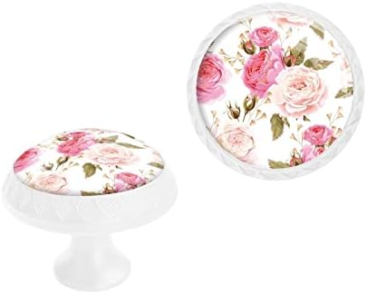 Елохим 4 Спакувајте Бели Копчиња За Фиоки, Прекрасни Цветни Розови Рози Копчиња За Кабинети Кристално Стаклени Копчиња За Комоди