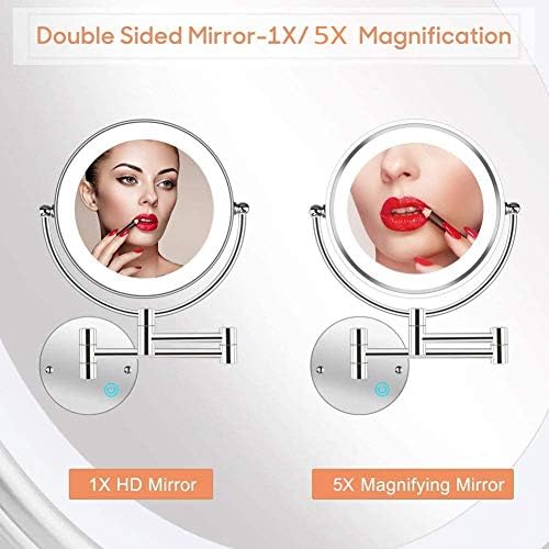8 wallид монтиран шминка огледало со светла LED 5x wallид шминка суета огледало двострана, копче за допир и прилагодлива светлина,