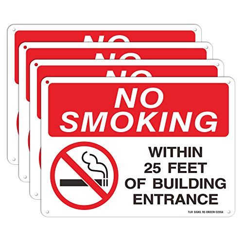 Без пушење на 25 стапки од влезниот знак за градење - 4 пакет - 10 x 7 инчи без 'рѓа .040 алуминиум - УВ заштитен, водоотпорен, водоотпорен и отпорен на згаснување - 4 пред -дуп