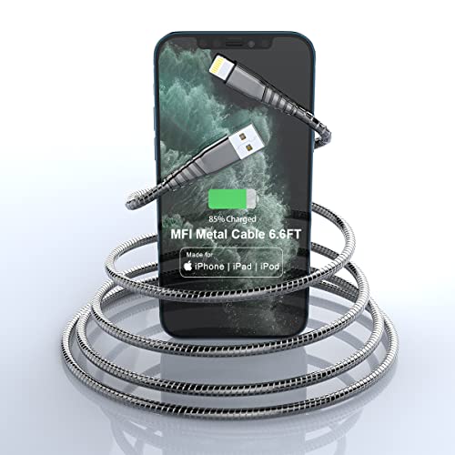 Mtakyi iPhone Charger Metal Bledered Coder, USB кабел за полнење на iPhone, кабел за молња од не'рѓосувачки челик, силна издржлива жица,